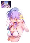  1girl bikini blue_hair bracelet breasts choker cleavage commentary cropped_torso english_commentary face_jewel facial_mark green_eyes hair_intakes hair_ornament head_wings heart heart_facial_mark highres honkai:_star_rail honkai_(series) jewel_under_eye jewelry long_hair mark_under_eye medium_breasts necklace official_alternate_costume one_eye_closed purple_choker reference_inset robin_(honkai:_star_rail) robin_(summeretto)_(honkai:_star_rail) sera_(serappi) star_(symbol) starfish_hair_ornament swimsuit tongue tongue_out white_bikini white_wings wings 
