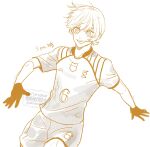 1boy blue_lock charles_chevalier french_national_soccer_team_uniform gloves highres male_focus mizuhara_aki short_hair shorts simple_background smile soccer_uniform solo sportswear teeth translation_request twitter_username watermark white_background 