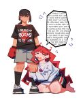  2girls absurdres barefoot black_hair black_shirt black_shoes black_socks boxing_gloves brown_eyes closed_mouth clothes_writing commentary crying english_commentary english_text grey_shorts highres hugging_another's_leg lara_(sayonara_lara) long_hair long_sleeves multiple_girls ootsu_mari open_mouth red_hair sayonara_lara shirt shoes short_hair short_sleeves shorts simple_background socks togekk0 very_long_hair wall_of_text white_background yuri 