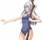 aqua_eyes breasts copyright_request covered_nipples elf fingernails highres horarezonu jpeg_artifacts large_breasts long_hair one-piece_swimsuit open_mouth pointy_ears school_swimsuit silver_hair simple_background solo staff swimsuit 