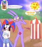 anthro beach bluenightkitty blush breasts clothed clothing convenient_censorship curious embarrassed english_text female fool's_hat glitch_productions group hair hat headgear headwear hi_res human jax_(tadc) lagomorph leporid looking_at_another male mammal outside pomni_(tadc) purple_body rabbit shell short_hair small_breasts standing sun sun_(tadc) swimming_trunks swimwear tail tent text the_amazing_digital_circus topwear trio