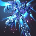  blue_eyes clenched_hand commentary_request fx_burst glowing glowing_eyes gundam gundam_age gundam_age-fx mecha mecha_focus mobile_suit no_humans robot sakusakusakurai science_fiction solo thrusters v-fin 