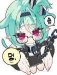 1girl bare_shoulders black-framed_eyewear black_hairband black_shirt bracelet chain chain_leash closed_mouth collarbone commentary_request detached_sleeves dokori765 from_above glasses green_hair hair_between_eyes hairband hands_up highres jewelry korean_commentary leash looking_at_viewer pointy_ears red_eyes roxy_ifrita_pryce shirt simple_background solo speech_bubble spiked_bracelet spikes translation_request white_background zenless_zone_zero 