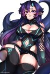  1girl absurdres black_leotard blue_hair body_freckles breast_freckles breasts cleavage clothing_cutout commentary english_commentary freckles green_hands hair_between_eyes highres horns indie_virtual_youtuber large_breasts leotard looking_at_viewer multicolored_hair navel_cutout pointy_ears purple_eyes purple_hair single_horn solo sulia_(vtuber) tentacles thick_thighs thighhighs thighs tikitorchies virtual_youtuber white_background 