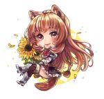  1girl animal_ear_fluff animal_ears anoushka_russell armor armored_boots belt black_dress blush boots bouquet breastplate breasts brown_armor brown_belt brown_boots brown_hair chibi closed_mouth collared_dress commentary dress elbow_gauntlets english_commentary falling_petals floating flower frilled_arm_cuffs fur-trimmed_armor fur-trimmed_boots fur_trim gift_art grey_armor hair_tubes high_collar holding holding_bouquet layered_dress leather_armor leg_up long_hair long_sleeves looking_at_viewer metal_arm_cuffs metal_hair_tubes multicolored_boots neck_ribbon petals pinstripe_dress pinstripe_pattern raccoon_ears raccoon_girl raccoon_tail raphtalia red_dress red_eyes red_ribbon ribbon short_dress signature sleeveless sleeveless_dress small_breasts smile solo straight_hair sunflower tail tanuki tate_no_yuusha_no_nariagari thigh_boots two-tone_armor two-tone_boots two-tone_dress watermark white_background white_dress white_fur yellow_petals 