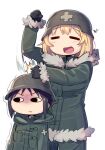  2girls black_eyes black_gloves black_hair blonde_hair blush chito_(shoujo_shuumatsu_ryokou) closed_eyes closed_mouth coat combat_helmet commentary fur-trimmed_coat fur_trim gloves green_coat helmet hitting jacket long_sleeves military_uniform motion_lines multiple_girls no_nose open_mouth raised_inner_eyebrows shoujo_shuumatsu_ryokou singing smile untranslatable_commentary v-shaped_eyebrows wagashi928 white_background yuuri_(shoujo_shuumatsu_ryokou) 