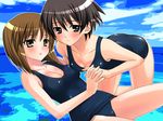  akito_(ao's_club) asymmetrical_docking black_eyes black_hair blush breast_press breasts brown_eyes brown_hair cleavage hagiwara_yukiho holding_hands idolmaster idolmaster_(classic) idolmaster_1 kikuchi_makoto kneeling medium_breasts multiple_girls one-piece_swimsuit school_swimsuit short_hair swimsuit yuri 