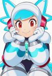  1girl ai-generated android aqua_helmet aqua_trim armor black_bodysuit blue_armor bodysuit breastplate commentary facing_viewer gloves hands_on_own_cheeks hands_on_own_face head_wings helmet highres jaydamon joints looking_at_viewer mechanical_boots mega_man:_dual_override mega_man_(classic) mega_man_(series) red_eyes robot robot_girl smile solo twinkle_girl two-tone_helmet white_armor white_background white_gloves white_helmet wings 