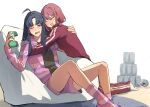  2girls absurdres aged_up ahoge awa_subaru black_hair black_shirt closed_eyes commentary drunk fang girls_band_cry highres hug iseri_nina jacket korean_commentary long_hair multiple_girls open_mouth pants parted_bangs purple_eyes purple_shorts purple_socks red_hair red_jacket red_pants shirt short_hair short_twintails shorts socks teeth twintails upper_teeth_only yuri yuri_mandu 
