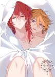  2boys blanket blue_eyes commentary_request diluc_(genshin_impact) earrings genshin_impact hair_between_eyes highres hiki_yuichi jewelry long_hair male_focus multiple_boys nude open_mouth orange_hair red_eyes red_hair scar scar_on_neck short_hair single_earring smile tartaglia_(genshin_impact) yaoi 