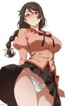  1girl black_bow black_bowtie black_ribbon black_skirt bow bow_panties bowtie braid breasts brown_eyes brown_hair closed_mouth commentary english_commentary glasses hair_ribbon hanekawa_tsubasa highres kili_kilio kizumonogatari lace lace_panties large_breasts long_hair looking_at_viewer monogatari_(series) naoetsu_high_school_uniform neck_ribbon panties pink_shirt ribbon school_uniform shirt simple_background skirt solo string_panties thighs underwear very_long_hair white_background white_panties wind wind_lift yellow_ribbon 