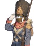 1girl antique_firearm backpack bag bearskin_cap belt black_belt blue_coat character_request coat commission covered_face dirty dirty_clothes epaulettes firelock flintlock fluffkaiser gloves gun highres leather_belt mask mouth_mask napoleonic_wars original pale_skin red_scarf salute scarf simple_background solo upper_body weapon white_background white_gloves white_hair 