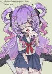  1girl bags_under_eyes bandaid bandaid_hair_ornament black_shoes bleeding blood blood_on_face blood_on_thigh blue_eyes blue_sailor_collar blue_skirt blush bow commentary commission eyepatch gradient_hair hair_bow hair_ornament heart heart_hair_ornament highres long_hair medical_eyepatch multicolored_hair myi_korosi nosebleed original pink_hair purple_hair red_ribbon ribbon sailor_collar scar school_uniform self-harm_scar serafuku shirt shoes skeb_commission skirt socks sweatdrop twintails white_shirt white_socks wing_hair_ornament x_hair_ornament 