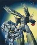  1980s_(style) artist_name assault_visor battroid choujikuu_yousai_macross clenched_hands daedalus_(macross) facing_viewer green_assault_visor highres macross no_humans official_art orange_assault_visor painting_(medium) prometheus_(ship) radio_antenna retro_artstyle sdf-1 shoulder_cannon space spacecraft star_(sky) storm_attacker third-party_source traditional_media u.n._spacy vf-1 vf-1s watanabe_masami 