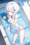  1girl absurdres bath bathing bathtub blue_archive blue_eyes blue_halo blue_ribbon blush breasts cleavage colored_eyelashes commentary covered_navel detached_collar dolphin_hair_ornament green_eyes hair_between_eyes hair_intakes hair_ornament halo highleg highleg_one-piece_swimsuit highres korean_commentary long_hair long_single_sidelock looking_at_viewer medium_breasts mimu_(cyus7328) multicolored_eyes one-piece_swimsuit orca_hair_ornament partially_submerged ribbon rubber_duck sayuri_(blue_archive) school_swimsuit sea_cucumber solo swimsuit wet white_eyelashes white_hair white_one-piece_swimsuit x_hair_ornament 
