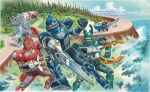  1girl 2boys aircraft armor artist_name beetludder blue_armor blue_beet blue_helmet building day driving flying forest g-stag green_armor green_helmet helmet holding holding_sword holding_weapon juukou_b-fighter looking_at_viewer mandibles metal_hero motor_vehicle multiple_boys nature ocean official_art outdoors painting_(medium) red_armor red_eyes red_gyro red_helmet reddle rhinoceros_beetle road stag_beetle stagger_tank standing sword third-party_source tokusatsu traditional_media watanabe_masami waves weapon yellow_eyes 