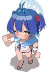  1girl absurdres antenna_hair bikini blue_archive blue_bikini blue_hair blue_halo blue_ribbon blue_sailor_collar colored_inner_hair commentary eating flat_chest flip-flops food food_in_mouth from_above hair_intakes halo highres holding holding_food holding_popsicle looking_at_viewer makina_(blue_archive) mirami_(tatarim39) multicolored_hair neck_ribbon no_dickey one_eye_closed popsicle popsicle_in_mouth ribbon sailor_collar sandals see-through_clothes see-through_shirt shirt short_hair simple_background swimsuit two_side_up white_background yellow_eyes 