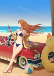  1girl absurdres ball beach beachball bikini blue_bikini blue_eyes blue_sky breasts brown_jacket car cellphone coconut coconut_cup collarbone commentary convertible crossed_ankles day eyewear_on_head feet flip_phone floating_hat flower fruit_as_cup hand_up highres holding holding_phone innertube jacket leaning_on_object legs long_hair looking_to_the_side makise_kurisu medium_breasts motor_vehicle off_shoulder open_clothes open_jacket outdoors phone red_car sandals science_adventure shadow side-tie_bikini_bottom sky solo steins;gate sunglasses swim_ring swimsuit toenails toes vehicle_request very_long_hair yanan_(user_scxk8427) 