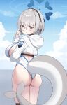  1girl absurdres ass back_cutout black_choker blue_archive blue_halo breasts cetacean_tail choker cleavage clothing_cutout commentary cowboy_shot fins fish_tail from_behind glasses grey-framed_eyewear grey_hair grey_pupils halo headphones highres hooded_shrug kotone_(blue_archive) large_breasts looking_at_viewer multicolored_one-piece_swimsuit one-piece_swimsuit round_eyewear short_hair shrug_(clothing) skindentation sob_(submar1089) solo swimsuit tail white_one-piece_swimsuit white_shrug 