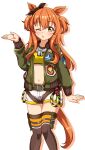  1girl animal_ears belt black_thighhighs blowing_kiss blush bomber_jacket bow breasts brown_ribbon commentary_request crop_top dog_tags ear_bow ear_ribbon green_belt green_jacket guncerlevin highres horse_ears horse_girl horse_tail jacket long_hair long_sleeves looking_at_viewer mayano_top_gun_(scramble_zone)_(umamusume) mayano_top_gun_(umamusume) midriff navel one_eye_closed open_clothes open_jacket open_mouth orange_tail parted_lips ribbon shorts small_breasts solo tail thighhighs two_side_up umamusume white_shorts 