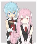  2girls black_shirt black_vest blue_eyes blue_hair blush border brushing_another's_hair brushing_hair collared_shirt commentary_request elbow_gloves gloves grey_background hair_brush hair_ornament hairdressing highres holding holding_another's_hair long_hair looking_at_another mouth_hold multiple_girls narra_(beatspell) necktie pink_eyes pink_hair pink_skirt poyomiho9 red_eyes red_necktie rhythm_tengoku rhythm_tengoku_miracle_stars shirt short_hair shorts skirt sleeveless sleeveless_shirt smile v_arms very_long_hair vest white_border white_gloves yu_(beatspell) 