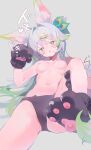  1girl animal_ear_fluff animal_ears animal_hands black_panties blush breasts cameltoe cat_ear_panties colored_inner_hair commentary cowboy_shot drooling gloves gradient_fur green_eyes green_hair green_streaks grey_background grey_hair heart heart-shaped_pupils highres knee_up long_hair lying multicolored_hair navel nipples no_bra on_back open_mouth original panties partially_undressed paw_gloves paw_shoes peacock_feathers_hair_ornament simple_background small_breasts solo sound_effects stomach streaked_hair sweatdrop swept_bangs symbol-shaped_pupils teoskyrios two-tone_hair underwear very_long_hair 