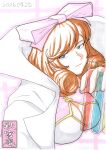 1girl akimiyaiori artist_logo blush bow breasts brown_hair chemicals cleavage cleavage_cutout closed_mouth clothing_cutout commentary_request curled_ends curly_hair dated green_eyes hair_bow haruka_(senran_kagura) highres holding lab_coat large_breasts logo looking_at_viewer marker_(medium) pink_bow senran_kagura short_hair simple_background smile solo test_tube traditional_media upper_body white_background 