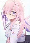  1girl alternate_hair_length_(longer) alternate_hairstyle artist_name black_skirt colored_inner_hair commentary fate/grand_order fate_(series) glasses hair_over_one_eye high-waist_skirt highres long_hair mash_kyrielight mash_kyrielight_(chaldea_uniform) multicolored_hair necktie pink_hair purple_eyes purple_hair shirt skirt smile white_necktie white_shirt yu_sakae 