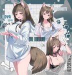  07touka25 1girl animal_ears arm_up arms_under_breasts barcode black_camisole blush bone breasts brown_hair camisole cleavage collar collarbone commentary_request cropped_torso dog_ears dog_girl dog_tail drawstring english_text fang grid_background grin highres hood hood_down hoodie large_breasts long_hair looking_at_viewer multiple_views no_pants orange_eyes original outside_border parted_lips pawpads see-through_clothes see-through_shirt shirt short_sleeves smile sparkle squiggle tail white_hoodie white_shirt wristband 