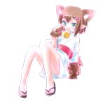  1boy animal_ear_fluff animal_ears arm_behind_back arm_support baka_to_test_to_shoukanjuu bare_legs bell blush brown_gloves brown_hair commentary_request flip-flops flower full_body fur-trimmed_gloves fur_trim gloves green_eyes hair_flower hair_ornament hairclip hand_up invisible_floor japanese_clothes jingle_bell kimono kinoshita_hideyoshi's_shoukanjuu kinoshita_hideyoshi's_shoukanjuu_(nekomata) knees_up looking_at_viewer male_focus multiple_hairclips neck_bell no_socks official_alternate_costume paw_pose pointy_ears red_flower red_sash sandals sash shoukanjuu_(baka_to_test) sidelocks simple_background sitting smile solo white_background white_kimono yuizawa 