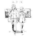  2girls alternate_costume bow braid chenwei_jun chinese_commentary cityscape coat commentary_request dated full_body greyscale hair_bow hand_in_pocket hat hat_ornament highres holding_hands hong_meiling izayoi_sakuya jacket maid_headdress monochrome multiple_girls pants shoes sketch star_(symbol) star_hat_ornament touhou twin_braids walking white_background 