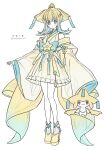  1girl artist_name blunt_bangs blush colored_skin commentary_request high_heels highres japanese_clothes jirachi kimono multicolored_kimono natsun_(4869ntmmmmm) obi personification pokemon sash short_kimono simple_background solo star_(sky) star_(symbol) tanzaku third_eye white_background white_skin wide_sleeves yellow_kimono 