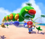  1boy 1other angry beach blue_eyes cloud commentary day f.l.u.d.d. facial_hair gloves hat highres mario mario_(series) mustache noki_(mario) overalls red_hat running sand super_mario_sunshine untranslatable_commentary wiggler_(super_mario_sunshine) yamari_(ya_mari_6363) 