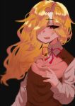  1girl black_background blonde_hair brown_vest commentary dolls_in_pseudo_paradise hand_up highres jacket_girl_(dipp) long_hair long_sleeves looking_at_viewer missing_headwear one_eye_covered parted_lips red_eyes red_ribbon ribbon samma1085 shirt smile solo touhou upper_body vest white_shirt 