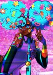  1girl absurdres alternate_hairstyle alternate_skin_color aqua_eyes aqua_hair aqua_necktie aqua_trim bandaid bare_shoulders candy_hair_ornament colorful dark-skinned_female dark_skin darkened_skin decora detached_sleeves food-themed_hair_ornament hair_ornament hatsune_miku heart heart_hair_ornament highres long_hair looking_at_viewer multicolored_nails necktie prismismz rainbow_hair_ornament shirt sleeveless smile solo star_(symbol) star_hair_ornament sticker sticker_on_face too_many_hair_ornaments twintails very_long_hair vocaloid 