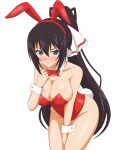  1girl animal_ear_hairband animal_ears bare_legs bent_over between_legs black_hair blue_eyes bow bowtie breasts cleavage commentary_request detached_collar fake_animal_ears hairband hand_between_own_legs hata_(pixiv10403940) highres infinite_stratos large_breasts leaning_forward leotard playboy_bunny rabbit_ears rabbit_tail red_bow red_bowtie red_leotard shinonono_houki simple_background solo split_ponytail strapless strapless_leotard tail white_background wrist_cuffs 