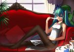  aqua_eyes aqua_hair bad_id bad_pixiv_id black_legwear china_dress chinese_clothes couch dress fan folding_fan hair_ribbon hatsune_miku highres leaf legs long_hair majicjiang pantyhose ribbon sitting smile solo thighband_pantyhose twintails very_long_hair vocaloid 