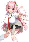  1girl black_skirt blush bracelet breasts cleavage clothes_around_waist commentary fate/grand_order fate_(series) flower grey_sweater hair_flower hair_intakes hair_ornament half_updo highres hoshino_reiji jewelry large_breasts long_hair looking_at_viewer necktie one_eye_closed open_mouth pink_hair red_eyes red_necktie shirt skirt sleeves_rolled_up smile solo sweater sweater_around_waist verdandi_(fate) white_shirt 