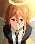  1boy absurdres androgynous angel_devil_(chainsaw_man) angel_wings arms_behind_back black_jacket black_necktie black_suit chainsaw_man commentary_request food food_in_mouth hair_between_eyes halo highres jacket light_blush long_hair looking_at_viewer male_focus mouth_hold necktie orange_hair pocky pocky_day pocky_in_mouth pocky_kiss pov raised_inner_eyebrows red_eyes shirt solo suit takaiwaeitoku upper_body white_shirt wings wooden_floor 