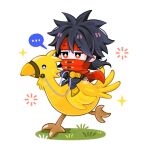  ... 1boy armored_boots bird boots cape chibi chibi_only chocobo cloak english_commentary final_fantasy final_fantasy_vii final_fantasy_vii_remake final_fantasy_vii_revelation full_body gauntlets grass headband highres holding holding_reins red_cape red_cloak red_eyes red_headband reins riding riding_bird shishileo simple_background single_gauntlet sparkle spiked_hair spoken_ellipsis vincent_valentine white_background 
