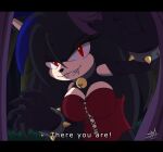 anthro bell bell_collar black_bars black_body bluepawvi bracelet breasts caroline_the_hedgehog_(bluepawvi) cleavage clothed clothing collar corset_suit countershade_snout countershade_torso countershading eulipotyphlan fan_character fangs female forest_background hedgehog highlights_(coloring) jewelry letterbox looking_at_viewer mammal red_eyes sega sharp_teeth signature snout solo sonic_the_hedgehog_(series) spiked_bracelet spikes tan_snout teeth toothy_smile vampire_caroline