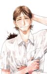  2boys arrow_(symbol) azumane_asahi blush commentary_request dress_shirt ee_(ekk1mukk) facial_hair goatee_stubble haikyuu!! height_difference hug hug_from_behind male_focus middle_part multiple_boys nishinoya_yuu shirt short_hair simple_background straight-on stubble t-shirt upper_body white_background yaoi 