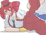  2girls apron black_necktie blue_skirt blush citrus_(ccitrus0) collared_shirt commentary drill_hair gloves hat hatsune_miku highres holding_another's_leg kasane_teto mesmerizer_(vocaloid) mini_hat multiple_girls necktie open_mouth pants red_eyes red_hair red_hat red_pants shirt skirt solo_focus striped_clothes striped_shirt suspenders sweat twin_drills utau vocaloid white_apron yellow_gloves yuri 