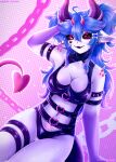  1girl @_@ absurdres ahoge arm_up artist_name belt black_sclera blue_hair blue_skin bodysuit bone_hair_ornament breasts colored_sclera colored_skin commentary daedriccdragon demon_girl demon_horns demon_tail earrings english_commentary garter_straps hair_ornament heart heart_ahoge heterochromia highres horns indie_virtual_youtuber jewelry large_breasts latex latex_bodysuit multiple_belts plaguebby pointy_ears pubic_tattoo second-party_source shoulder_spikes solo spikes tail tattoo thigh_strap virtual_youtuber x_eye 
