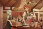  3girls :d absurdres apron black_bow black_jacket black_skirt black_vest blue_eyes blush bottle bow bowl braid cabinet can carrot character_name chenwei_jun chinese_commentary cleaver collared_shirt commentary_request counter cutting_board double_doors dress dumpling egg english_text fish food frown frying_pan gloves green_bow green_dress green_hat grey_hair hair_bow hand_up hat hat_ornament head_wings highres holding holding_bowl hong_meiling index_finger_raised indoors izayoi_sakuya jacket jar kitchen knife_block koakuma lamp long_hair long_sleeves maid_apron maid_headdress multiple_girls open_mouth painting_(object) plant pointy_ears potted_plant red_eyes red_hair refrigerator shirt short_sleeves skirt smile spatula star_(symbol) star_hat_ornament touhou towel twin_braids vest white_gloves white_shirt wings yellow_gloves 