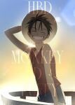  1boy absurdres arm_behind_head bare_shoulders birthday black_hair blue_shorts character_name commentary_request cowboy_shot facing_viewer grin happy_birthday hat highres hurezasick korean_commentary male_focus monkey_d._luffy one_piece outdoors red_vest scar scar_on_cheek scar_on_face short_hair shorts smile solo straw_hat sun vest 