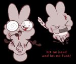2026 animal_genitalia anthro balls black_background blood bodily_fluids bound bruised chain chained collar dusty_(clockstops3am) erection eyewear fur gag gagged genitals glasses hi_res lagomorph leporid living_dust male mammal nosebleed open_mouth open_smile rabbit red_text round_glasses sheath simple_background smile solo stonerobjectum tan_body tan_fur tape tape_gag text wounded