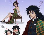  1boy 1girl absurdres artist_name aylee01 bilingual_commentary black_shoes blush breasts butterfly_hair_ornament chibi chibi_only cleavage commentary demon_slayer_uniform dress english_commentary footstool green_dress hair_ornament heart hetero high-low_dress high_heels highres kimetsu_no_yaiba kiss kissing_cheek kochou_shinobu large_breasts long_hair mixed-language_commentary ponytail purple_eyes purple_hair shoes sideboob sitting sparkle stiletto_heels tomioka_giyuu 