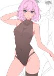  1girl arm_behind_head ass_visible_through_thighs black_leotard blue_eyes breasts commentary contrapposto covered_navel elf elysia_(honkai_impact) highres honkai_(series) honkai_impact_3rd kili_kilio large_breasts leotard long_hair looking_at_viewer pink_hair pointy_ears sleeveless solo thighs turtleneck turtleneck_leotard very_long_hair zoom_layer 