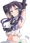  1girl absurdres ahoge arm_up black_neckerchief blue_eyes blue_hair blush commentary_request elbow_gloves gloves gradient_hair green_eyes hair_ribbon highres hizaka kantai_collection long_hair low_twintails multicolored_hair neckerchief ribbon sailor_collar school_uniform serafuku skirt sleeveless smile suzukaze_(kancolle) twintails twitter_username white_serafuku 